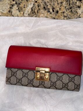 Gucci Red Leather & GG Monogram Continental Wallet with Gold Hardware